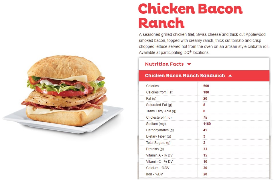 Nutrition Info of Chicken Bacon Ranch Sandwich